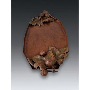 Forged Brass Tray Signed T. Demarcq - Plane Tree Leaves Decoration, Art Nouveau / Art Déco