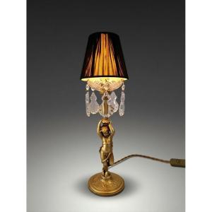 Bedside & Mood Lamp, Cherub (putto) In Gilded Regula, Crystal Pendants - 40's