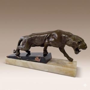 Art Deco Roaring Lion Attributed To Thomas François Cartier Circa 1930 Regula With Green Patina
