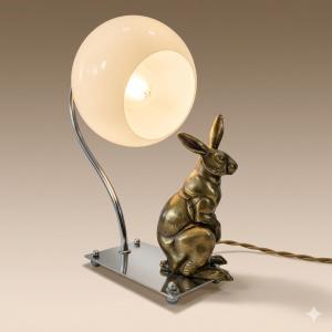 Art Deco Regule Rabbit Table Lamp, Modernist Transition, Opaline Globe And Chrome Frame