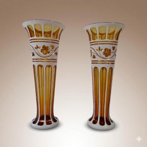 Pair Of Amber Bohemian Crystal Vases On White Opaline Ground - 19th Century