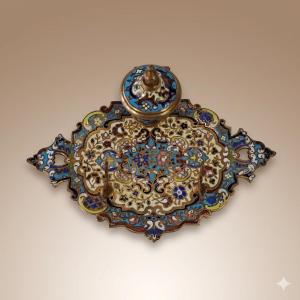 Encrier Porte-plume Napoléon III En émaux Cloisonnés, Champlevés - XIXe Siècle Gilt Bronze.