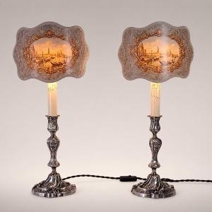 Pair Of Venetian Screen Lamps - Louis XV Style Silver-plated Bronze Torches Circa 1910