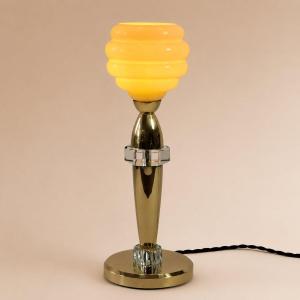 Modernist Lamp In Polished Brass, Crystal And Pale Yellow Opaline, 1950s, Art Deco 20th Century