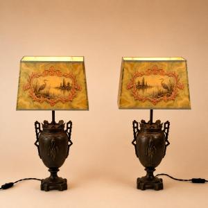 Pair Of Napoleon III Lamps With Herons - Second Empire Vases And Lampshades With Lake Décor