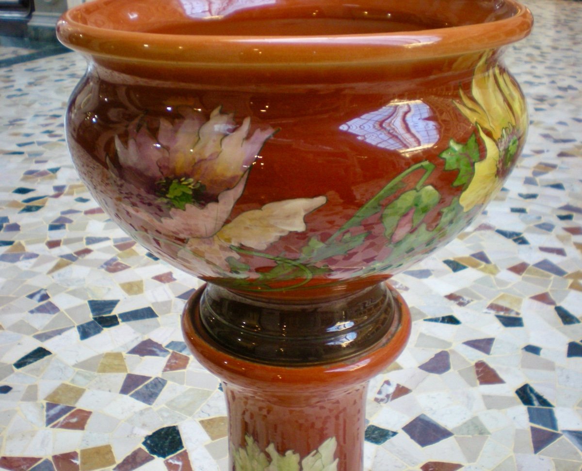 Cache pot con colonna art nouveau Delphin Massier-photo-2