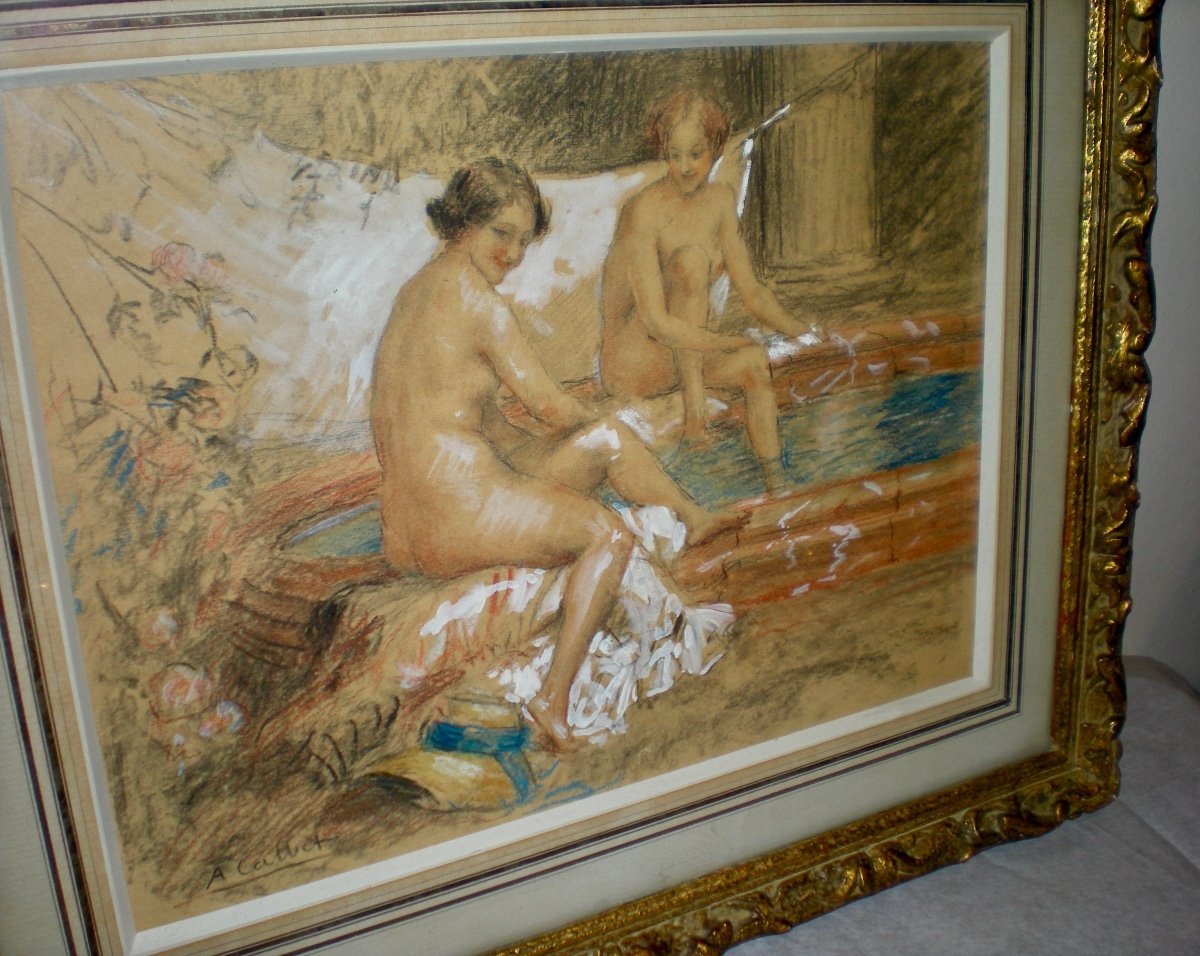 Femmes au bain- Tecnica mista art nouveau ; A.Calbet-photo-4