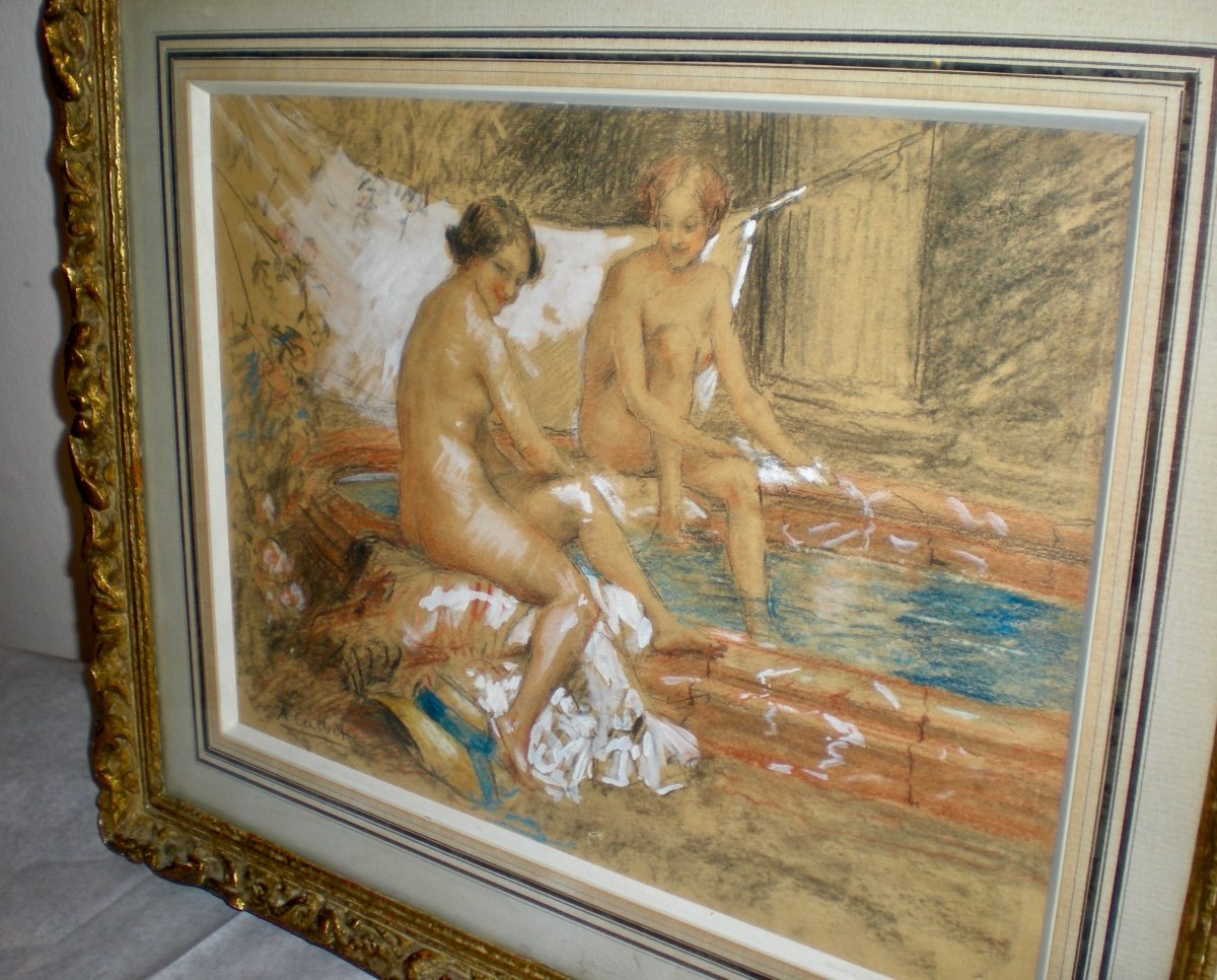 Femmes au bain- Tecnica mista art nouveau ; A.Calbet-photo-1