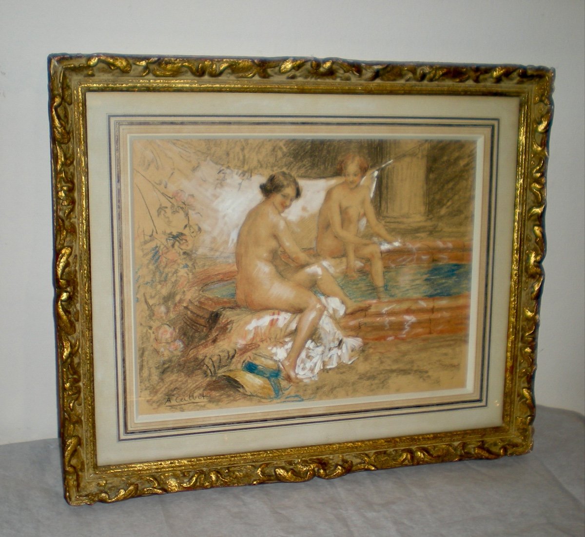 Femmes au bain- Tecnica mista art nouveau ; A.Calbet-photo-2