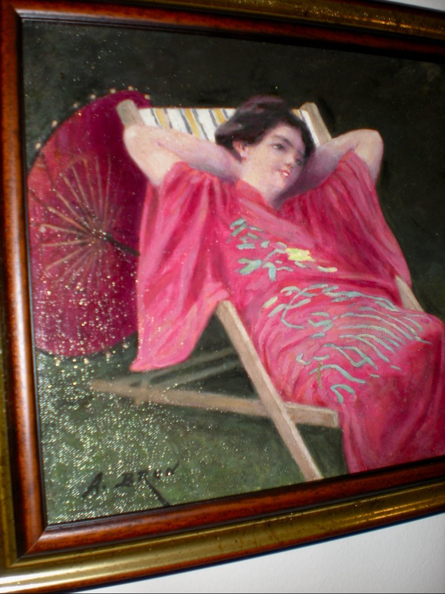 Ragazza in kimono- Olio su tela art dèco A.Brun-photo-1