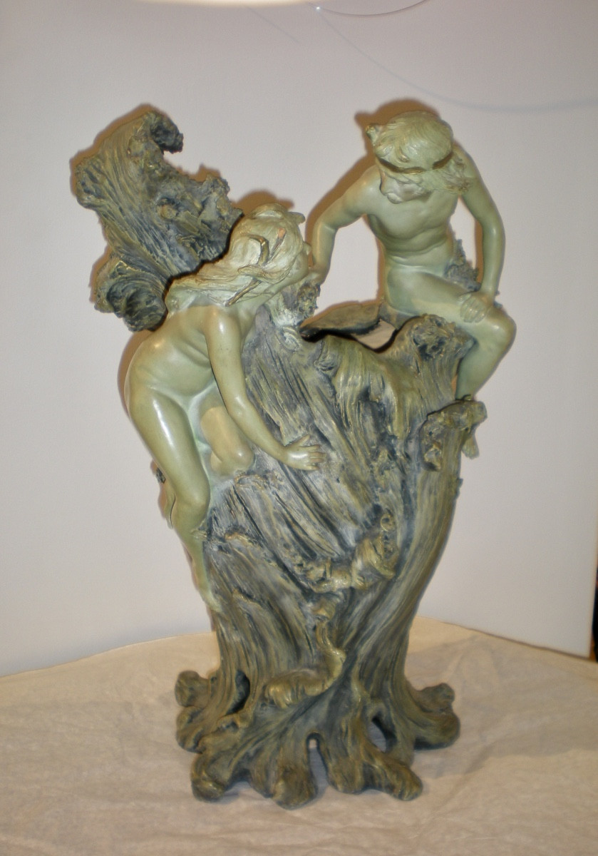 Couple de baigneurs-  Vaso /scultura art nouveau Foretay