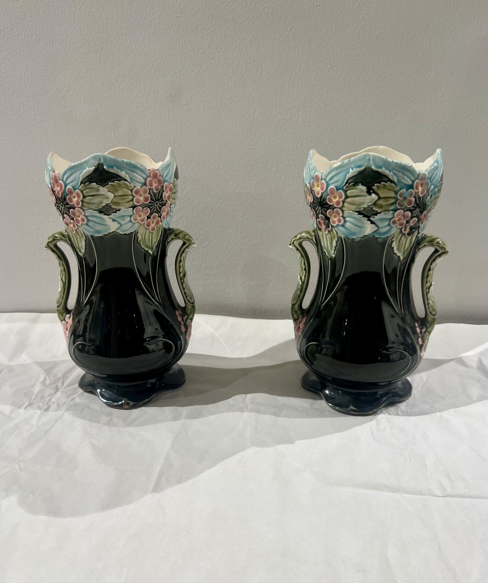 Coppia di vasi   art nouveau barbotine Gustave de Bruyn ( Fives Lille )