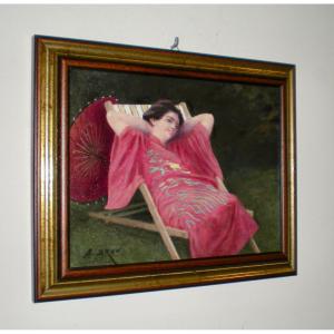Ragazza in kimono- Olio su tela art dèco A.Brun