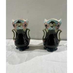 Coppia di vasi   art nouveau barbotine Gustave de Bruyn ( Fives Lille )