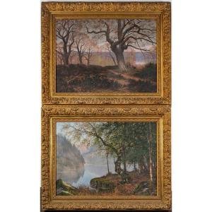 Pair Of Oil On Canvas Paintings With Golden Wood Frames Late Nineteenth Century