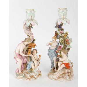 Meissen Pair Of 19th Century Candlesticks