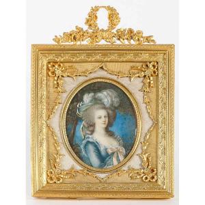 A Painting On Ivory By Marie Antoinette In A 19th Century Gilt Bronze Frame