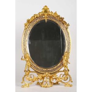 Table Mirror In Gilt Bronze And Champleve Enamel Late 19th Century