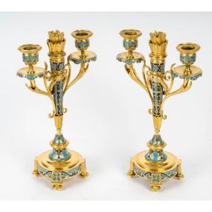 A Pair Of Gilt Bronze And Cloisonné Enamel Candlesticks, Circa 1880
