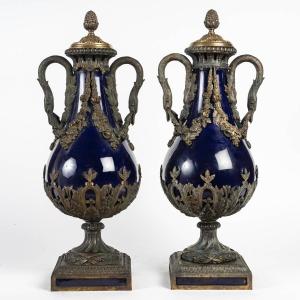 A Pair Of Blue Porcelain And Gilt Bronze Vases, 19th Century
