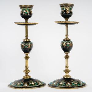 A Pair Of Bronze And Green Enamel Candlesticks, Late 19th Century