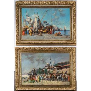 A Pair Of Paintings, Oil On Canvas View Of Istanbul, 20th Century 