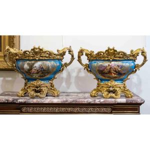A Pair Of Large Sèvres Porcelain And Gilt Bronze Bowls, H. Picard, 19th Century