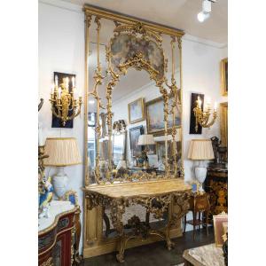 A Large Trumeau And Its Console In Carved And Gilded Wood, 19th Century 