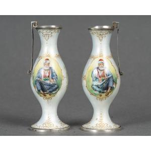 A Pair Of Miniature Enamel Vases, Late 19th Century