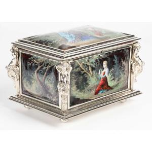 An Enamel And Silver-plated Bronze Jewelry Box, Late 19th Century