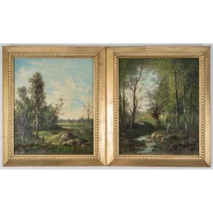 Pair Of Henry Ch. Paintings Of Animated River Landscapes, Late 19th Century 