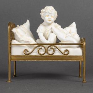 A Sculpture Of A Small Child Praying In His Bed, Art Nouveau
