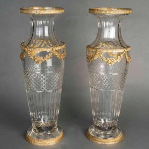 A Pair Of Large Crystal Vases With Gilt Bronze Ornamentation, Late 19th Century 