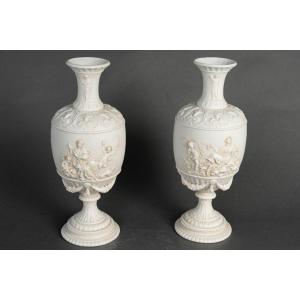 A Pair Of Biscuit Porcelain Vases, Late 19th Century 