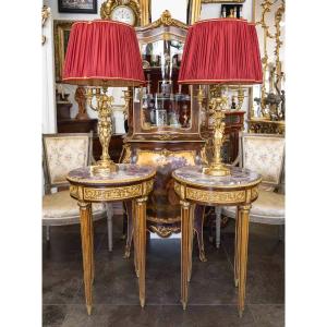 A Pair Of Marquetry And Gilt Bronze Pedestal Tables, Late 19th Century 
