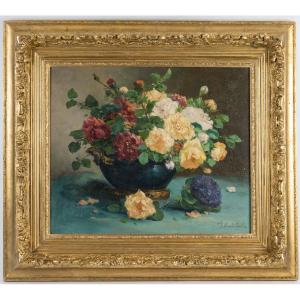 Flowers Painting Cauchois Eugène Henri, End Of XIXth Century