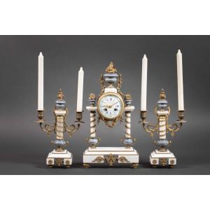A White And Turquoise Blue Marble Fireplace Surround, Late 19th Century