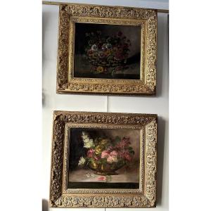 A Pair Of Oil On Canvas Paintings, Floral Composition Koch, Late 19th Century 