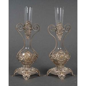A Pair Of Small Glass Vases With Silver-plated Metal Mounts, Late 19th Century 