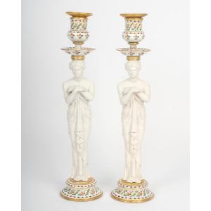 A Pair Of Sévres Porcelain And Biscuit Candlesticks, Late 19th Century 