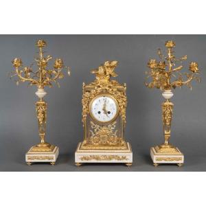 A 19th-century Fireplace Set In Gilt Bronze And White Marble