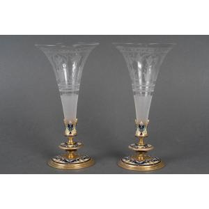 A Pair Of Crystal Flutes With Cloisonné Bronze Bases, Late 19th Century 