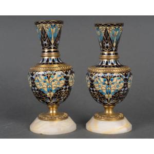 A Pair Of Small Bronze And Cloisonné Enamel Vases From The Late 19th Century