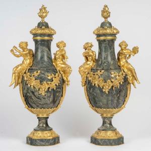 Clodion Pair Of Cassolettes In Green Marble , Gilt Bronze Ornamentation, 19th Century