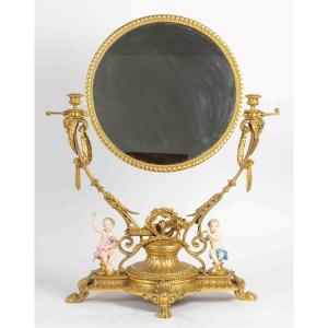 A Large Table Mirror In Gilt Bronze And Porcelain Sculpture, Late 19th Century 