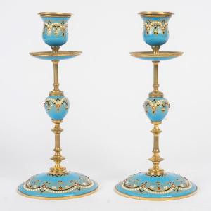 A Pair Of Gilt Bronze And Enamel Candlesticks, Late 19th Century 