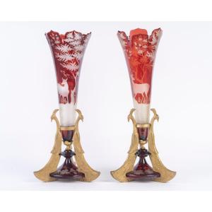A Pair Of Red Bohemian Crystal Vases, Late 19th Century 
