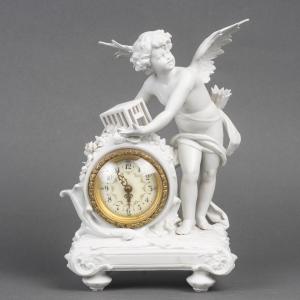 Small Sèvres Biscuit Porcelain Mantel Clock With Cupid – Art Nouveau Period