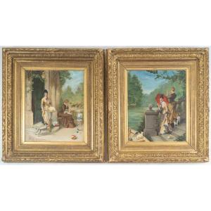 A Pair Of Oil Paintings On Canvas, Genre Scene, Late 19th Century 