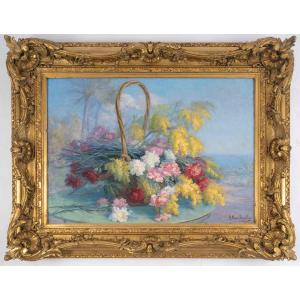 An Oil Painting On Canvas, Still Life With Flowers, 19th Century 